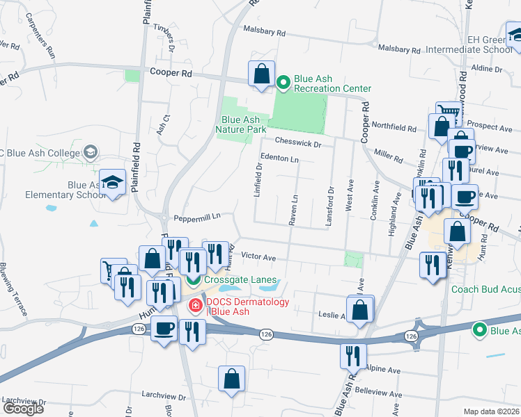 map of restaurants, bars, coffee shops, grocery stores, and more near 9481 Longren Court in Cincinnati
