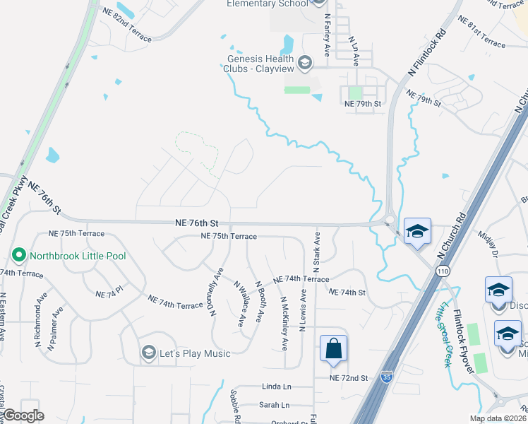 map of restaurants, bars, coffee shops, grocery stores, and more near 8616 Northeast 75th Terrace in Kansas City