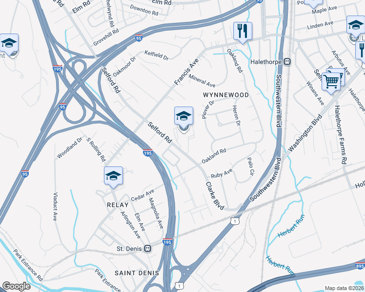 map of restaurants, bars, coffee shops, grocery stores, and more near 5885 Selford Road in Halethorpe