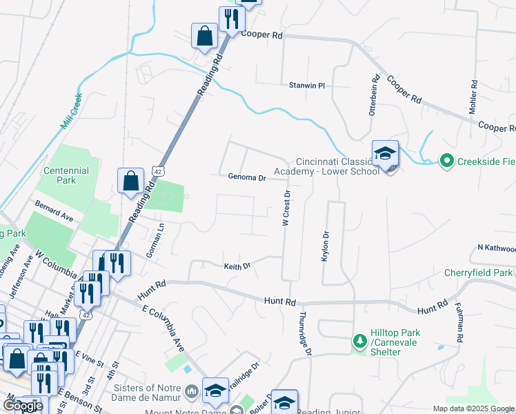 map of restaurants, bars, coffee shops, grocery stores, and more near 308 Eagleview Way in Cincinnati
