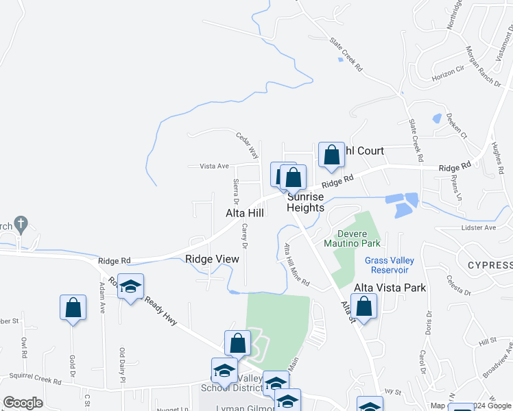 map of restaurants, bars, coffee shops, grocery stores, and more near 10894 Bettcher Court in Grass Valley