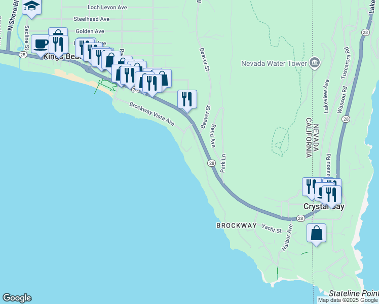 map of restaurants, bars, coffee shops, grocery stores, and more near 144 Chipmunk Street in Kings Beach