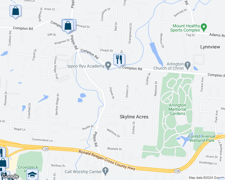 map of restaurants, bars, coffee shops, grocery stores, and more near 8794 Planet Drive in Cincinnati