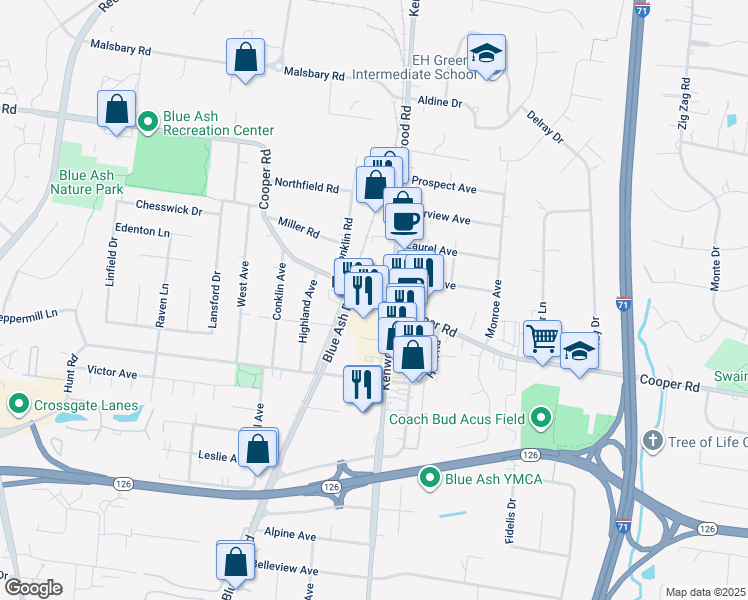 map of restaurants, bars, coffee shops, grocery stores, and more near 4699 Cooper Road in Cincinnati