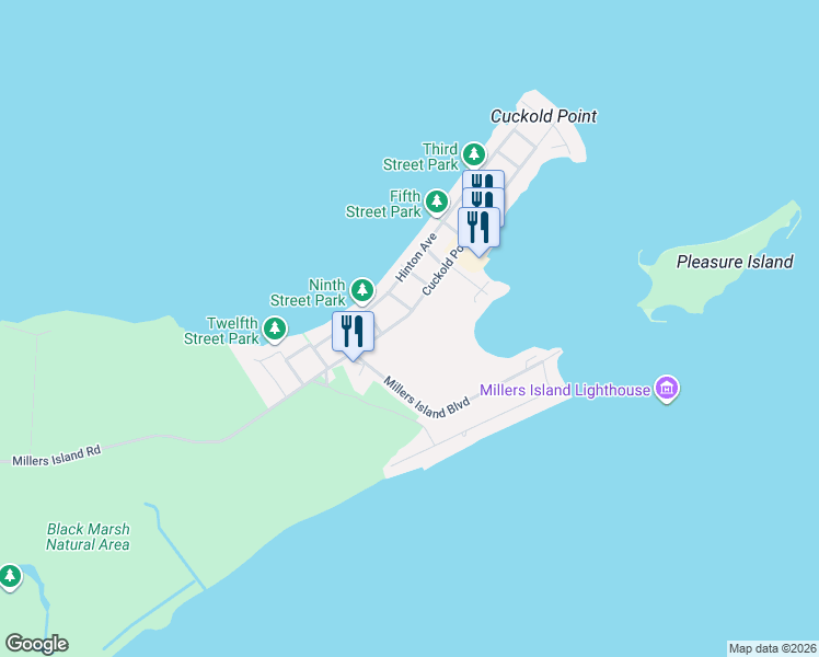 map of restaurants, bars, coffee shops, grocery stores, and more near 8919 Cuckold Point Rd in Edgemere