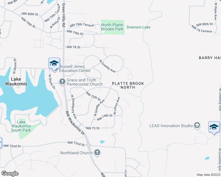 map of restaurants, bars, coffee shops, grocery stores, and more near 9430 North Lenox Avenue in Kansas City