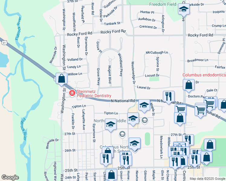 map of restaurants, bars, coffee shops, grocery stores, and more near 3151 North National Road in Columbus
