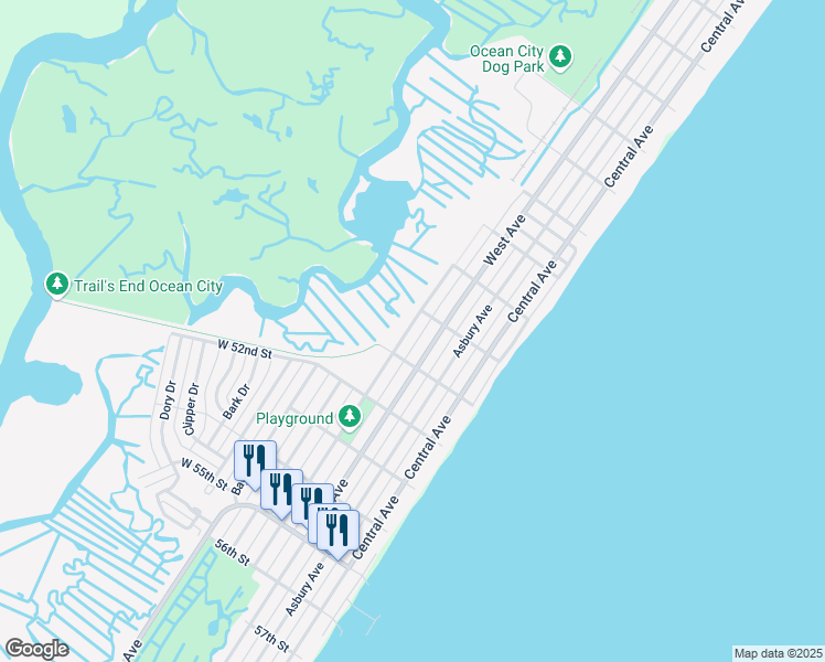 map of restaurants, bars, coffee shops, grocery stores, and more near 5044 Haven Avenue in Ocean City