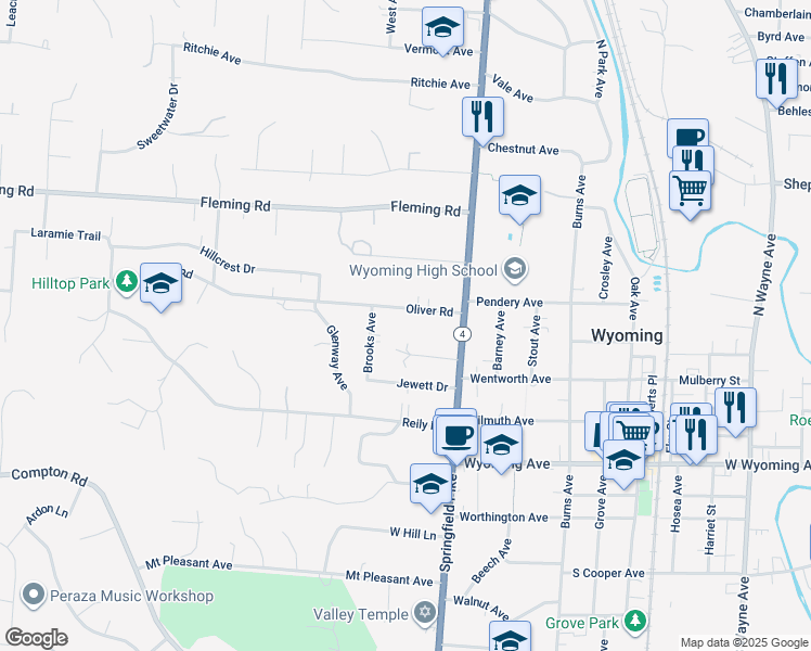 map of restaurants, bars, coffee shops, grocery stores, and more near 65 Oliver Road in Cincinnati