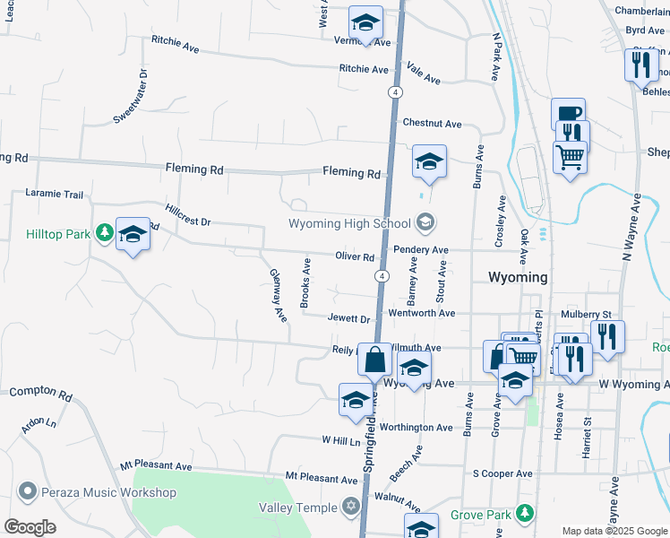 map of restaurants, bars, coffee shops, grocery stores, and more near 65 Oliver Road in Cincinnati