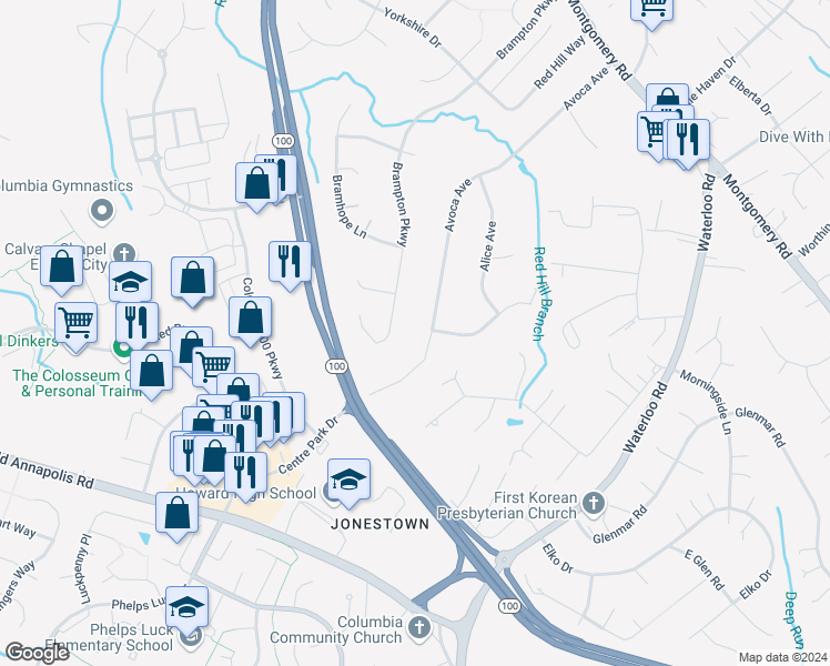 map of restaurants, bars, coffee shops, grocery stores, and more near 5102 Avoca Avenue in Ellicott City