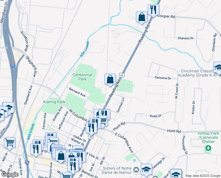 map of restaurants, bars, coffee shops, grocery stores, and more near 9359 Reading Road in Cincinnati