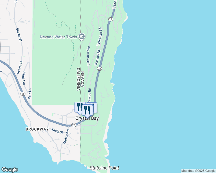 map of restaurants, bars, coffee shops, grocery stores, and more near 1 Big Water Drive in Crystal Bay