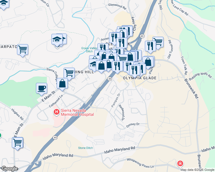 map of restaurants, bars, coffee shops, grocery stores, and more near 1056 Amber Loop in Grass Valley