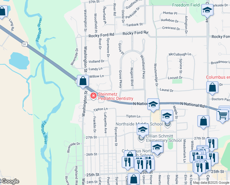 map of restaurants, bars, coffee shops, grocery stores, and more near 3163 North National Road in Columbus