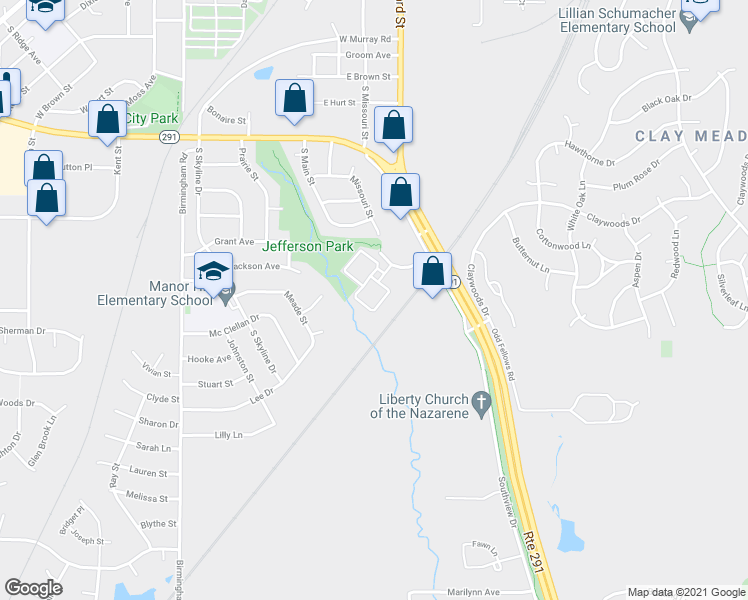 map of restaurants, bars, coffee shops, grocery stores, and more near 1270 Missouri Court in Liberty