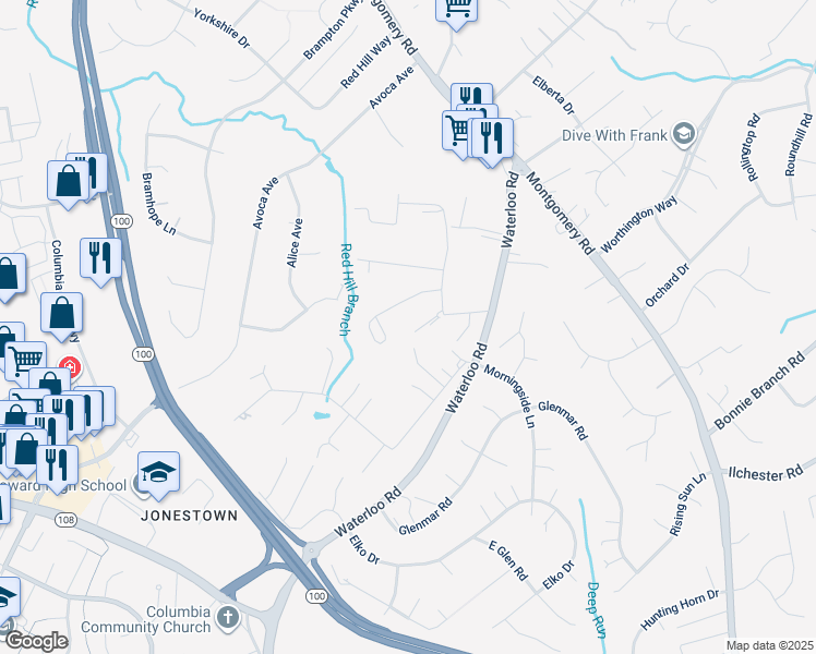 map of restaurants, bars, coffee shops, grocery stores, and more near 8325 Grove Angle Road in Ellicott City