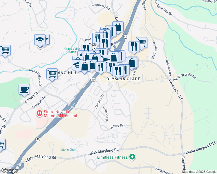 map of restaurants, bars, coffee shops, grocery stores, and more near 316 Olympia Park Circle in Grass Valley