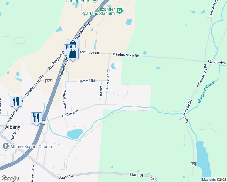 map of restaurants, bars, coffee shops, grocery stores, and more near 5948 Waldo Lane in Albany
