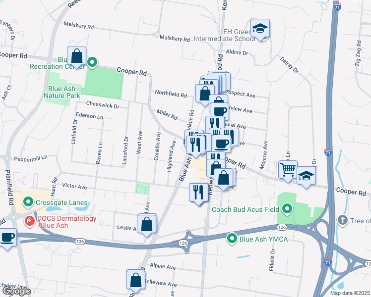 map of restaurants, bars, coffee shops, grocery stores, and more near 9513 Railroad Avenue in Cincinnati