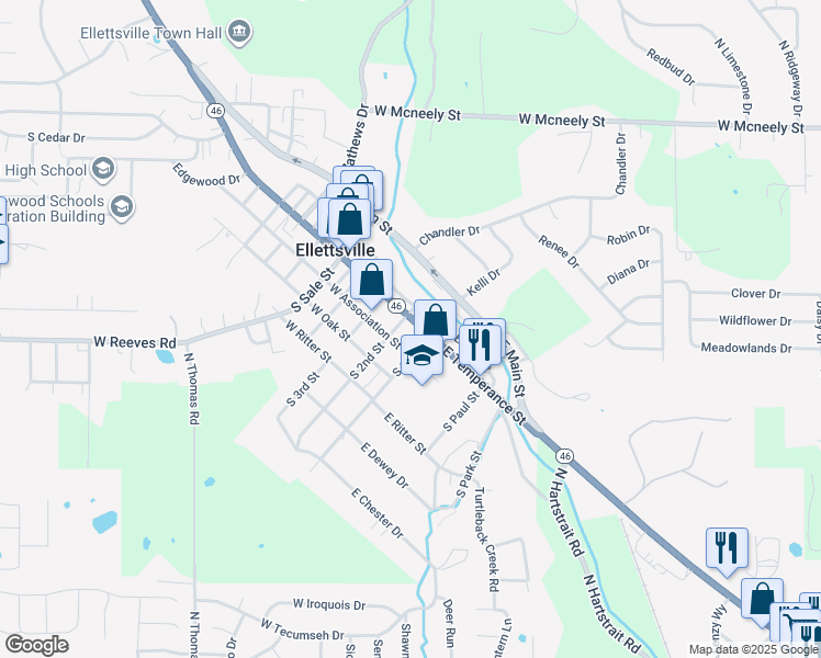 map of restaurants, bars, coffee shops, grocery stores, and more near 122 South 1st Street in Ellettsville