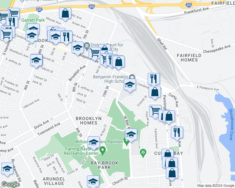 map of restaurants, bars, coffee shops, grocery stores, and more near 3810 West Bay Avenue in Baltimore