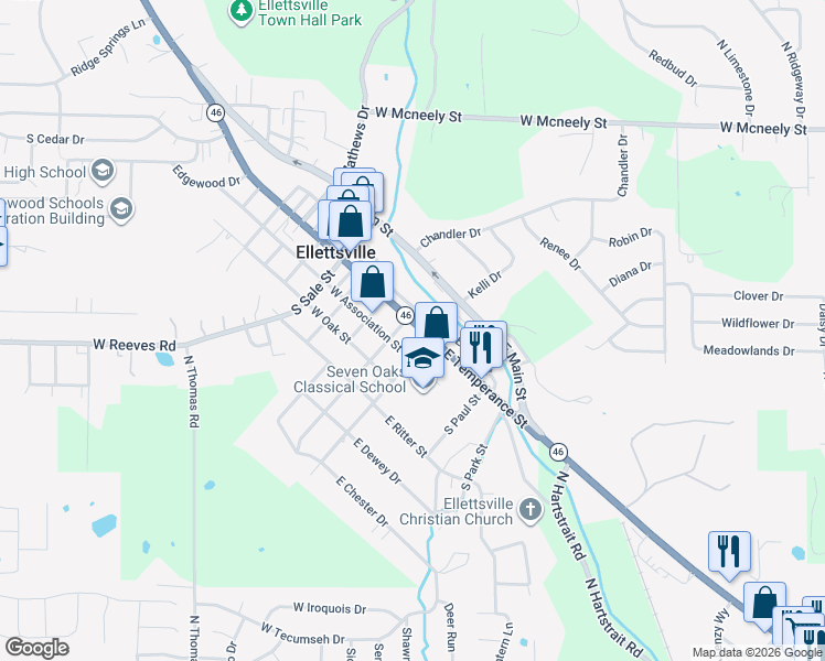 map of restaurants, bars, coffee shops, grocery stores, and more near 115 West Temperance Street in Ellettsville