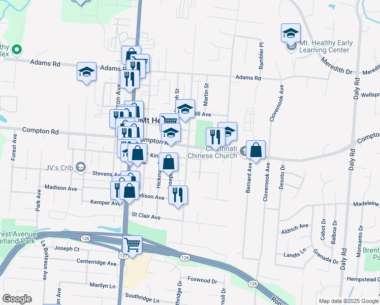 map of restaurants, bars, coffee shops, grocery stores, and more near 1483 Kinney Avenue in Mount Healthy