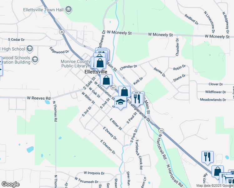 map of restaurants, bars, coffee shops, grocery stores, and more near 122 South 1st Street in Ellettsville