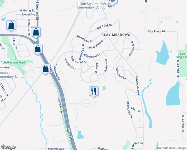 map of restaurants, bars, coffee shops, grocery stores, and more near 1177 White Oak Lane in Liberty