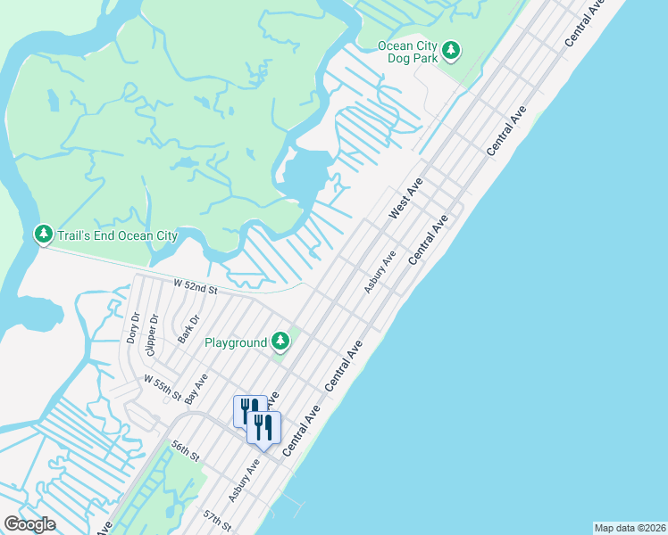 map of restaurants, bars, coffee shops, grocery stores, and more near 5031 West Avenue in Ocean City