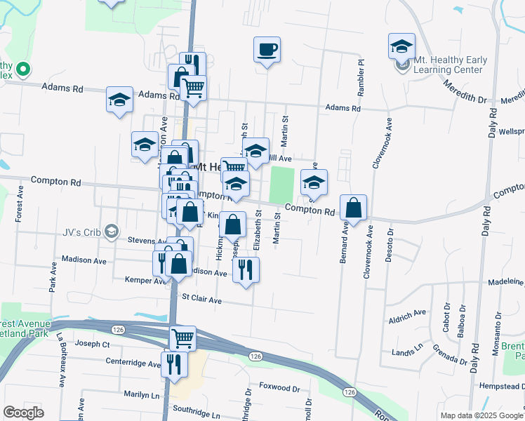 map of restaurants, bars, coffee shops, grocery stores, and more near 1483 Kinney Avenue in Mount Healthy