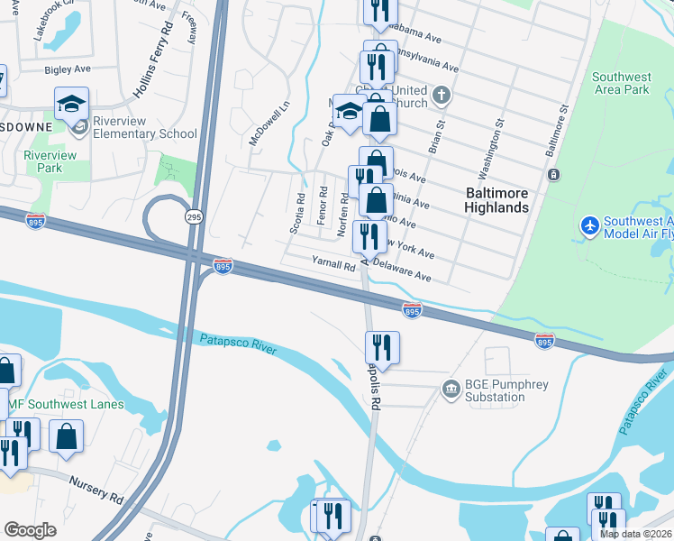 map of restaurants, bars, coffee shops, grocery stores, and more near 2773 Yarnall Road in Halethorpe