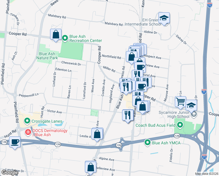 map of restaurants, bars, coffee shops, grocery stores, and more near 9501 Highland Avenue in Cincinnati
