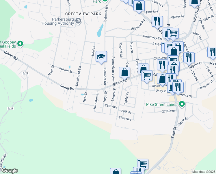 map of restaurants, bars, coffee shops, grocery stores, and more near Gihon Road in Parkersburg