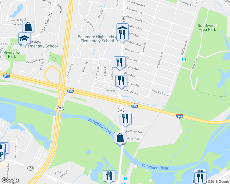map of restaurants, bars, coffee shops, grocery stores, and more near 2787 Yarnall Road in Halethorpe