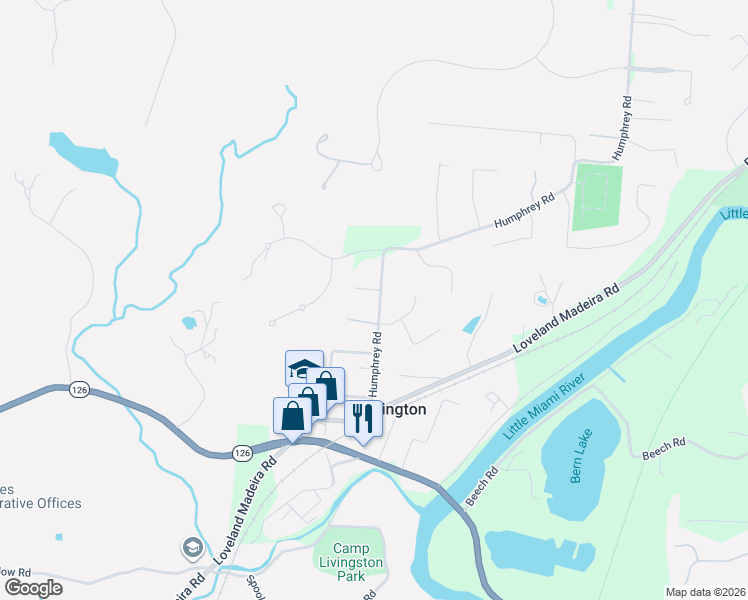 map of restaurants, bars, coffee shops, grocery stores, and more near 9665 Humphrey Road in Cincinnati