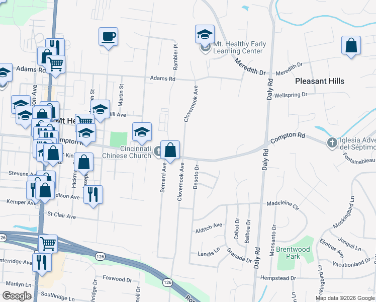 map of restaurants, bars, coffee shops, grocery stores, and more near 2850 Campus Way in Cincinnati