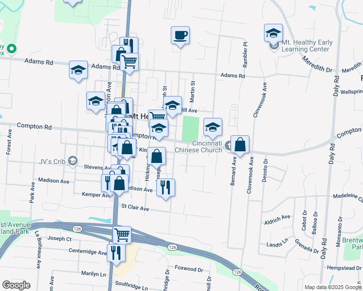 map of restaurants, bars, coffee shops, grocery stores, and more near 1483 Kinney Avenue in Mount Healthy