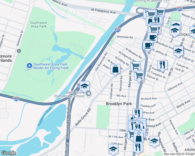 map of restaurants, bars, coffee shops, grocery stores, and more near 327 Grove Park Road in Brooklyn Park