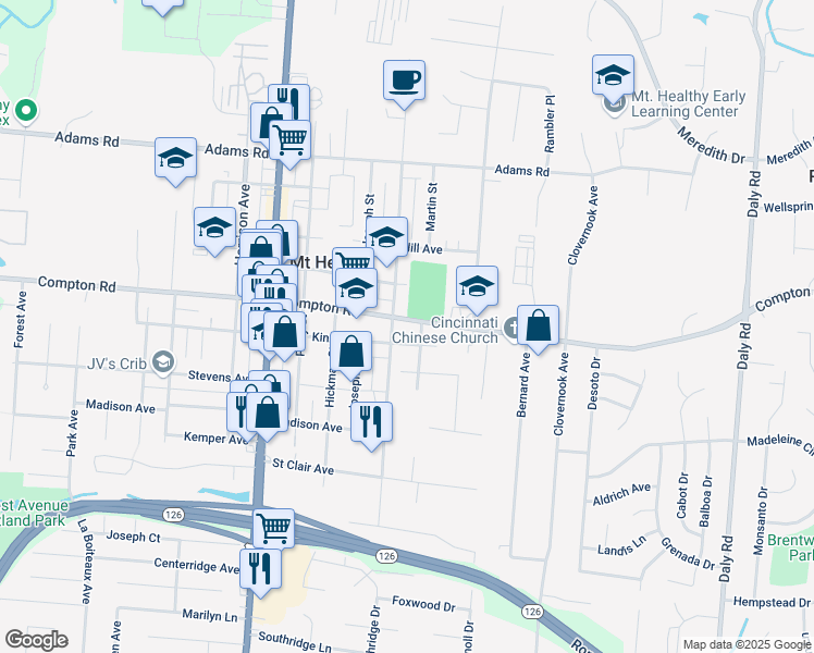 map of restaurants, bars, coffee shops, grocery stores, and more near 1483 Kinney Avenue in Mount Healthy