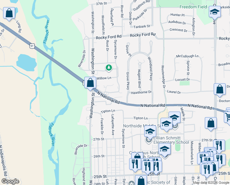map of restaurants, bars, coffee shops, grocery stores, and more near 3171 Sycamore Drive in Columbus