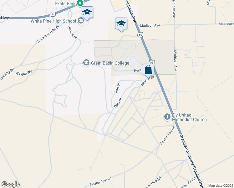 map of restaurants, bars, coffee shops, grocery stores, and more near 2286 Iron Drive in Ely