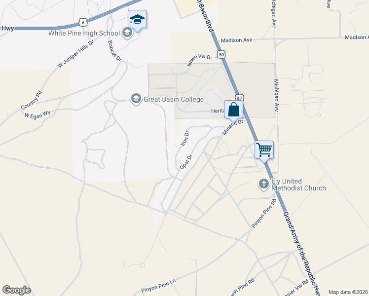 map of restaurants, bars, coffee shops, grocery stores, and more near 2286 Iron Drive in Ely