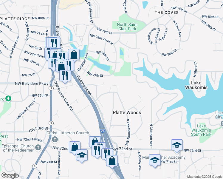 map of restaurants, bars, coffee shops, grocery stores, and more near 6004 Northwest Crystal Pool Drive in Platte Woods