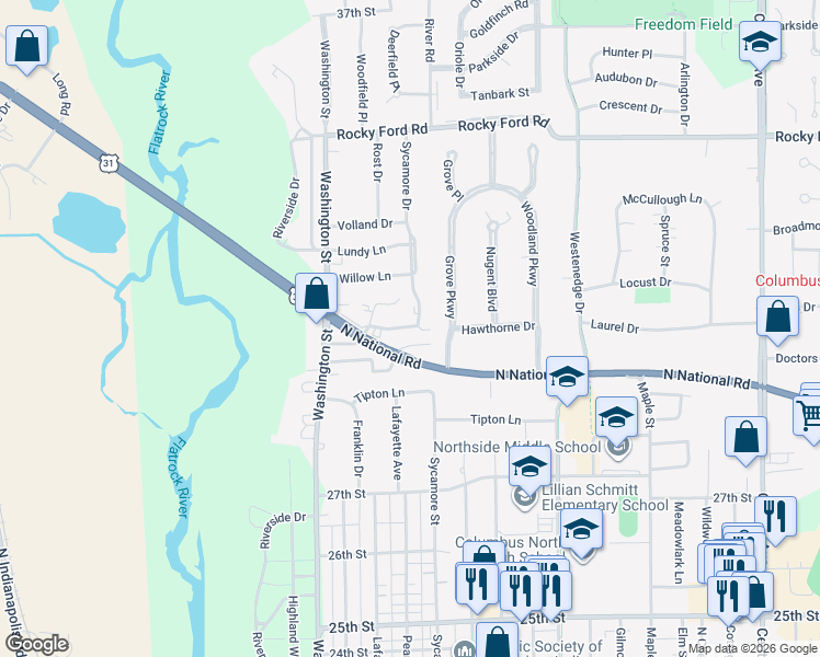 map of restaurants, bars, coffee shops, grocery stores, and more near 3183 Sycamore Drive in Columbus
