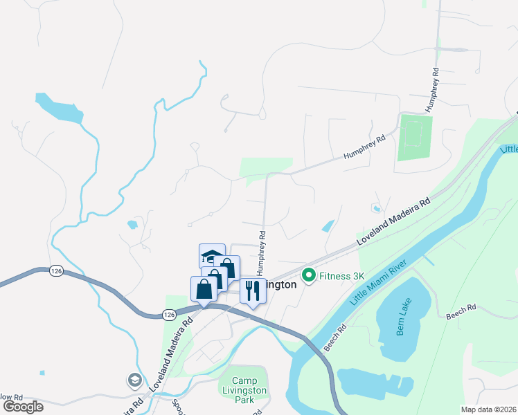 map of restaurants, bars, coffee shops, grocery stores, and more near 9665 Humphrey Road in Cincinnati