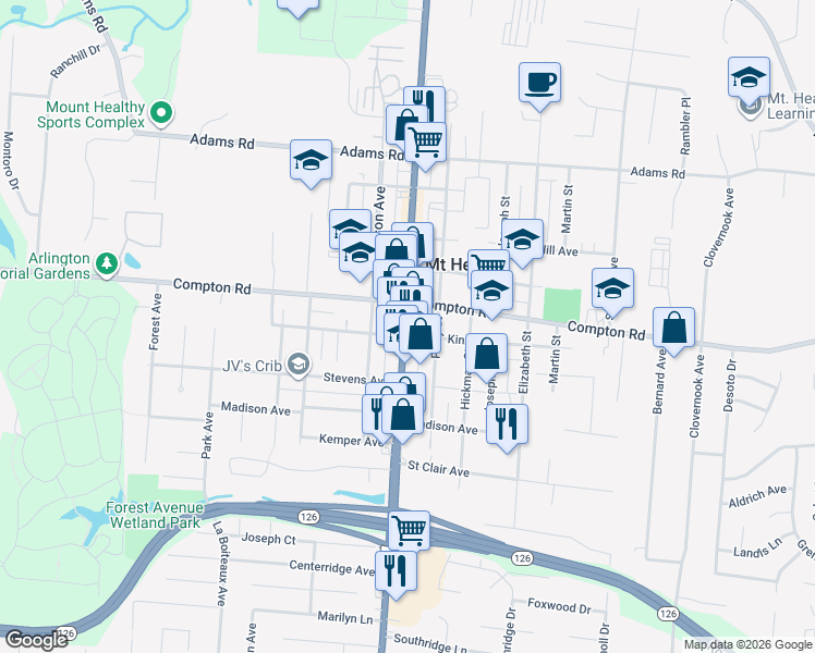 map of restaurants, bars, coffee shops, grocery stores, and more near in Mount Healthy