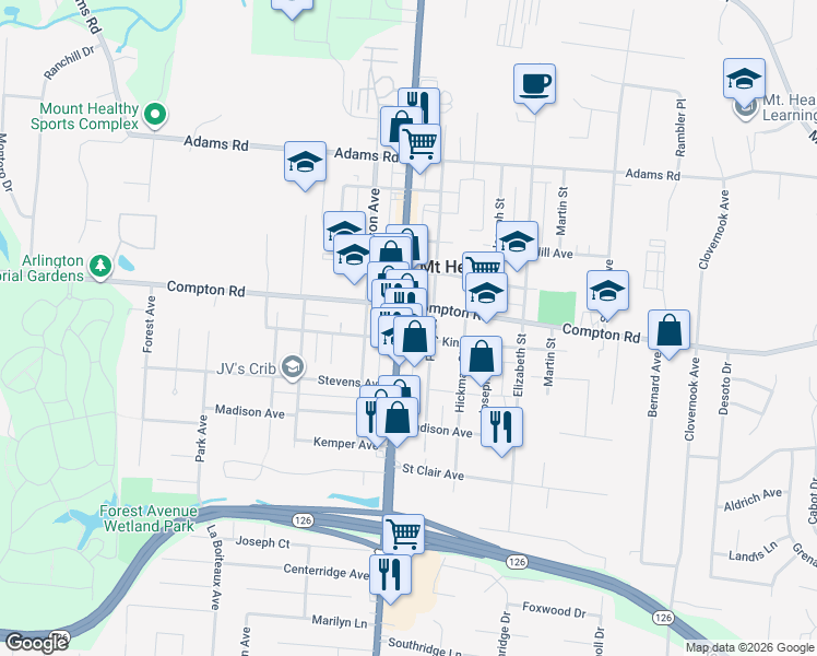 map of restaurants, bars, coffee shops, grocery stores, and more near in Mount Healthy