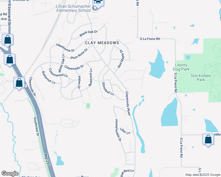 map of restaurants, bars, coffee shops, grocery stores, and more near 1102 Crimson Lane in Liberty